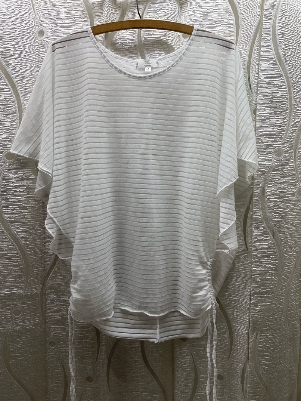 Shannon Ford New York Blouse Womens Medium White Excellent Sheer Stripe Dolman